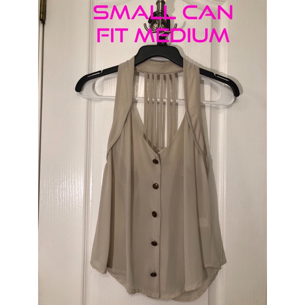 Beige strappy back button down blouse